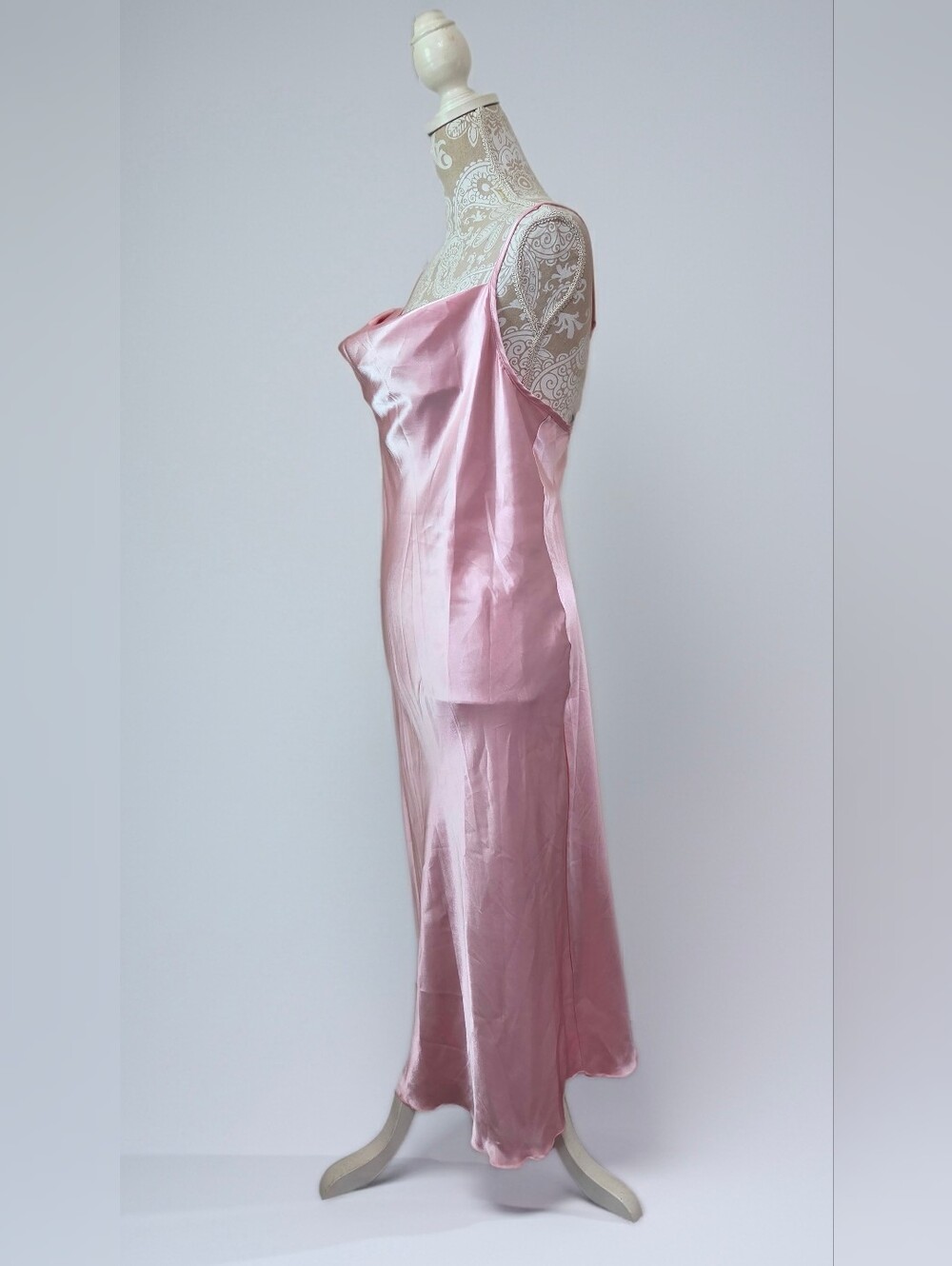 Vintage 90's Y2K Bebe Rose Pink Satin Cowl Neck Slip Midi Dress Size XL